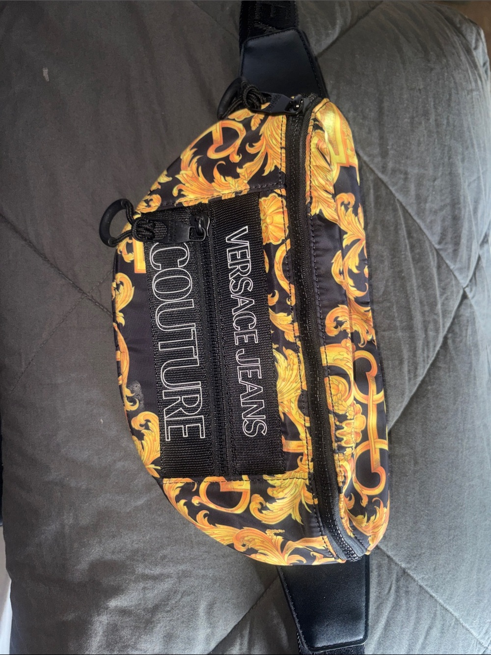 Versace Jeans Collection Black and Gold Baroque Belt Bag with Logo Panel